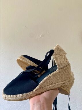 La Manual Alparfatera , Women’s Black Espadrille Wedge Lace-Up Sandals, size 38